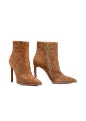 Brown suede high heel ankle boots BUTYD-1207-88(Z25), diagonal product view on white background.