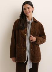 Brown women's jacket with a collar (model KURDT-0696-1H(Z26)); front view of the product on a model, showing the upper half of the figure.