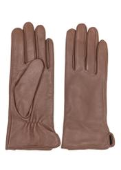 Women's camel leather gloves REKDS-0001A-24(Z25), product view from the front and back on a white background.