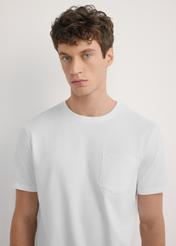 Men's white T-shirt TSHMT-0137-0A(W26) - front view of the product, on a model, against a light background. Half of the silhouette visible.
