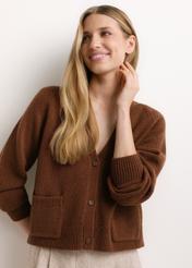 Women's brown wool cardigan KARDT-0071-1H(Z26), front view of the product on the model. Half of the silhouette visible.