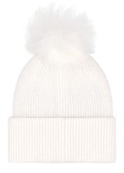 Women's ecru hat with fur pompom CZADT-0221-0B(Z26), back view of the product on a white background.