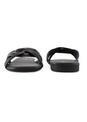 Women's black leather slides with braid BUTYD-1222-99(W26), front and back product view on white background.