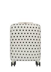 Small polka dot suitcase on wheels WALAB-0074-0P-19(W26), front product view on white background.