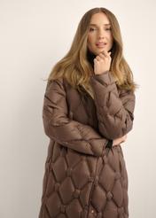 Dark brown women's quilted jacket KURDT-0685-1I(Z26), front view of the product on the model. Half of the silhouette visible.