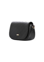 Small black women's messenger bag with monogram TOREC-1289-9P(Z26). Side view, diagonal, on a white background.
