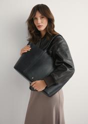 Black leather shopper bag TORES-1273-9I(W26), product view on model's shoulder. Half of silhouette visible.
