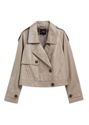 Beige oversize women's leather short jacket KURDS-0511A-1K(W26), front product view on white background.
