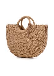 Semi-circular beige woven handbag TOREC-0940-1E(W26), diagonal product view on white background.
