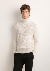 Men's cream turtleneck with decorative weave SWEMT-0206-0B(Z26), front view of the product on the model. Half of the silhouette visible.