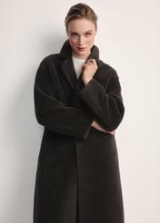 Long graphite women's wool fur coat FUTDW-0034-9D(Z26) - front view of the product on a white background. Half of the silhouette visible.