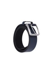 Navy blue men's leather belt PASMS-0273-69(Z26), product view from the front rolled up on a white background.