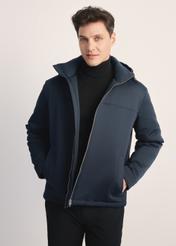 Men's navy blue jacket with hood KURMT-0386-69(Z25), product visible from the front on the model, half of the silhouette visible.