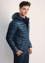 Men's jacket in navy blue KURMT-0380-69(Z25), product visible from the side on the model, half of the silhouette visible.
