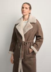Long classic brown women's sheepskin coat KOZDS-0071-3091(Z25), front view of the product on the model. Half of the silhouette visible.