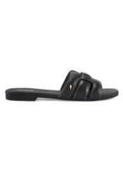 Women's black leather slides with braid BUTYD-1225-99(W26), side view of the product on a white background.