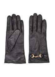 Women's black leather gloves with buckle REKDS-0087-99(Z25), front product view on white background.