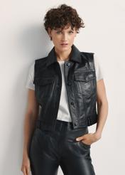 Women's leather vest KAMDS-0011-5491(Z25), front view of the product on the model. Half of the silhouette visible.