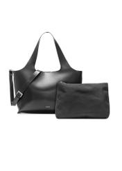 Black large leather shopper bag TORES-1140-99(Z25), product view with cosmetic bag on white background.
