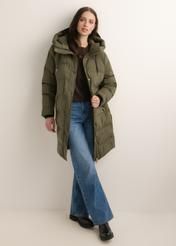 Women's khaki winter jacket KURDT-0700-8D(Z26), front view of the product on a model. Full body view.