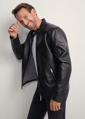 Men's leather jacket with stand-up collar KURMS-0298-1040(KS), front product view on model. Half silhouette visible.