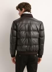 Men's dark brown leather jacket with a stand-up collar (model KURMS-0428-1I(Z26)); rear view on a model, showing half of the figure.