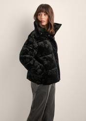 Women's black floral jacket KURDT-0673-99(Z26) - side view of the product, on a model, against a light background. Half of the silhouette visible.