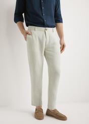 Men's beige linen trousers SPOMT-0119-1B(W26), front view of the product, on a model, against a light background. Half of the silhouette visible.