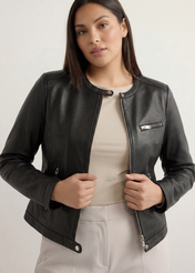 Black women's leather jacket KURDS-0154L-99(W26), front view of the product on the model.-02