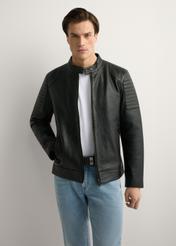 Black men's leather jacket KURMS-0394-99(W26), product view from the front on the model, half of the silhouette visible.
