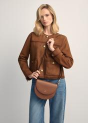 Women's brown leather messenger bag TORES-1246-1F(W26), product view in model's hands. Half silhouette visible.