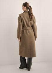 Women's long brown wool coat PLADT-0070-1K(Z26) - product view from the back, on a white background. Full silhouette visible.
