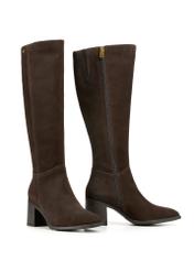Brown suede high-heeled boots BUTYD-1100-89(Z25), diagonal product view on white background.