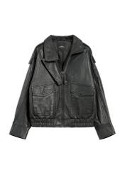 Black women's leather jacket KURDS-0554-2701(Z25) - front product view on white background.