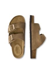 Women's leather flip-flops in cool beige color BUTYD-1158-1K(W26), product view from above on a white background.
