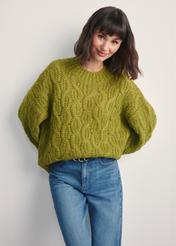 Women's lime green sweater SWEDT-0236-84(Z25), front view of the product on the model. Half of the silhouette visible.