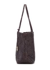 Brown leather woven handbag TORES-1300-1I(W26), side product view on white background.