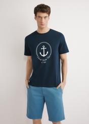 Navy blue men's T-shirt with print TSHMT-0147-7E(W26), front view of the product, on a model, against a light background. Half of the silhouette visible.