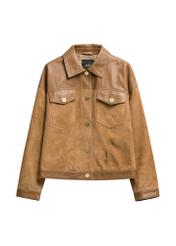 Beige women's leather jacket KURDS-0572-1B(W26), front product view on white background.