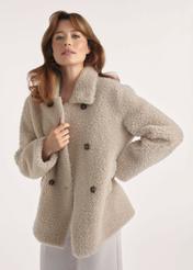 Beige women's fur coat FUTDP-0060-1B(Z26), front view of the product on the model. Half of the silhouette visible.