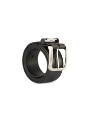 Navy blue men's leather belt PASMS-0273-69(Z25), product view from the front rolled up on a white background.
