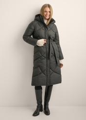 Long black women's jacket KURDT-0701-99(Z26), front view of the product on a model. Full body visible.