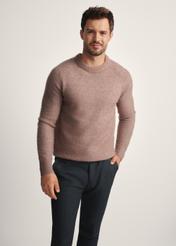 Men's camel wool sweater SWEMT-0171-24(Z25), front product view on model. Half silhouette visible.