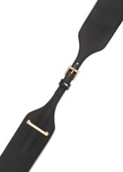 Black leather women's belt PASDS-0331-99(Z25), view of the clasp of the product on a white background.