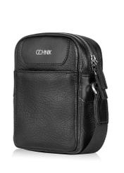 Black leather men's pouch with logo TORMS-0296A-99(Z25) - diagonal view of the product on a white background.