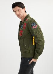 Olive men's TOP GUN KURMT-0381-57(W25) bomber jacket - side view on model on white background. Half of the silhouette visible.