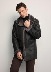 Men's brown leather sheepskin coat KOZMS-0027-4314(Z25), front view of the product on the model. Half of the silhouette visible.