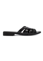 Women's leather flip-flops in black BUTYD-1266-99(W26), side view of the product on a white background.