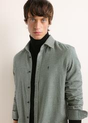 Dark green men's shirt with a fine check pattern KOSMT-0372-8C(Z26); close-up of the product worn by a model, against a light background.