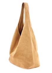 Beige suede women's shopper bag TORES-1177-1B(W26), diagonal product view on white background.